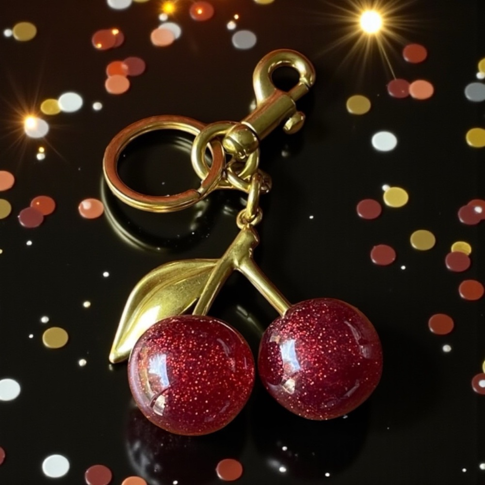 Cherry Red Keychain/Bag Charm with Gold Accents